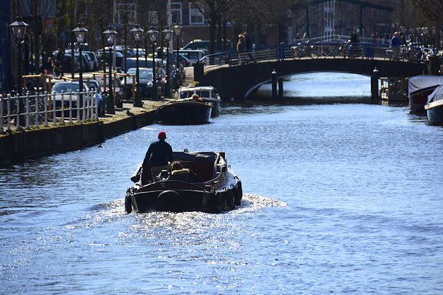 Pushboat on the Old Rhine in Leiden