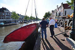 Pulling a boat out of the canal