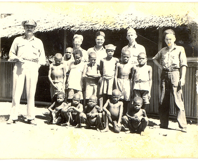 Dad's shipmates with Fijian boys, c. 1945, USS Gratia.