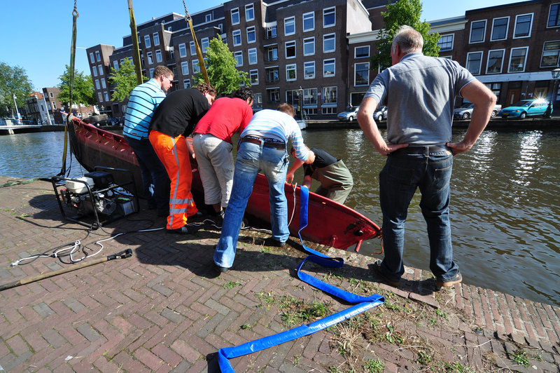 Pulling a boat out of the canal