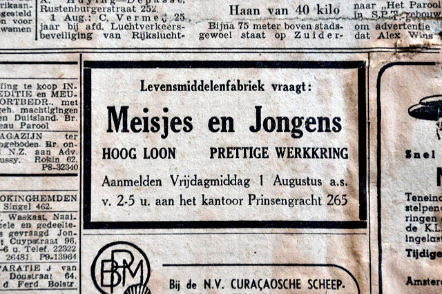 Old advertisement – Meisjes en Jongens – Hoog loon – Prettige werkkring