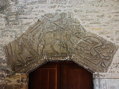 st.george's church,st.george tympanum over south door, showing george as a crusading norman knight, earliest c12 fordington, dorchester, dorse