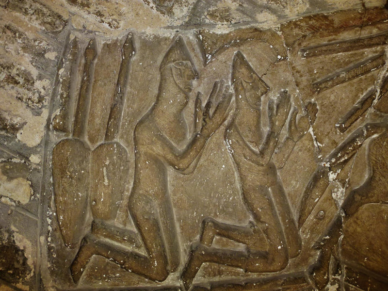 st.george tympanum over south door, showing george as a crusading norman knight, earliest c12,  church, fordington, dorchester, dorse