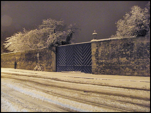 snow on the old infirmary wall