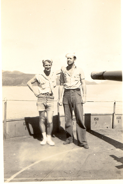 The sleeveless look was very popular that year. Dad's shipmates in the South Pacific, c. 1945, USS Gratia.