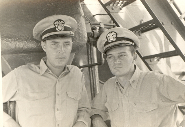 "We mean business" look. Dad and a shipmate in the South Pacific, c. 1945, USS Gratia.