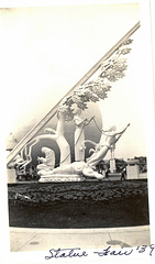 Paul Manship's Sundial - "Time and Fates of Man", with Perisphere in background. 1939 World's Fair, NYC