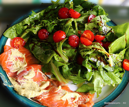 Home-cured Gravadlax with fresh dill from the garden, garden salad leaves, and a dill and mustard sauce...