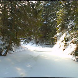 ein Wald und zugefriertener Fluss in Manjawa