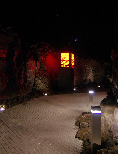 Path outside the Blue Lagoon Restaurant, featuring the Moon and Jupiter