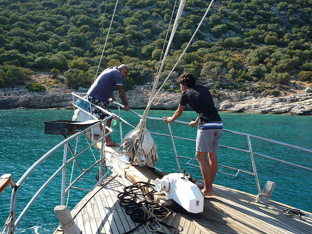 The crew checks the sea