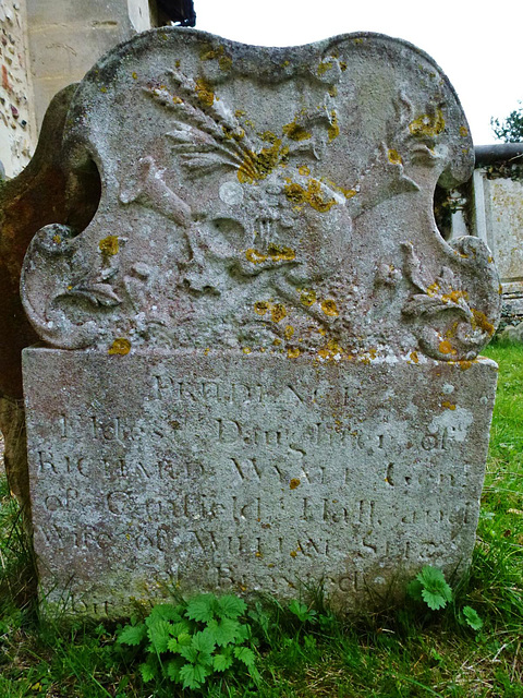 little canfield church , essex, c18 gravestone with skull, torch and trumpet, prudence wyatt, 1745