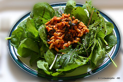 When you've had strawberries and cream for breakfast, best to throttle back a bit for lunch; Oriental namenia, Spinach Lazio, mixed salad leaves, all from the garden, topped with a tomato and olive pasta...I wonder what's for supper!