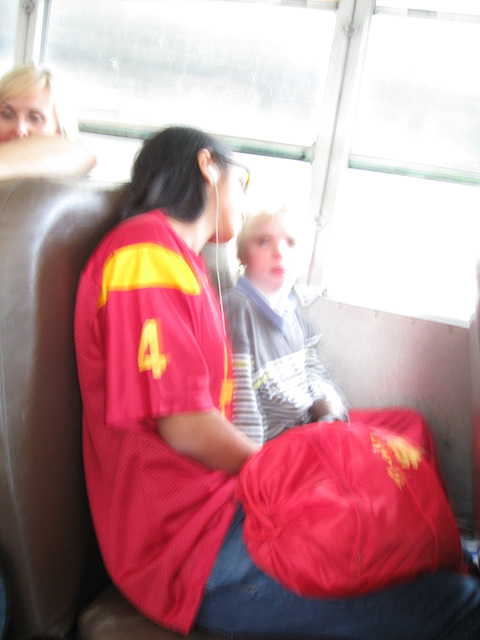 Son and friend on a schoolbus