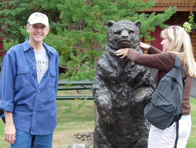 Cindy, correctly recognizing that this is black bear, fights for her life while Bruce, incorrectly thinking it to be a brown bear, attempts to appear dead by looking like a J. Crew ad