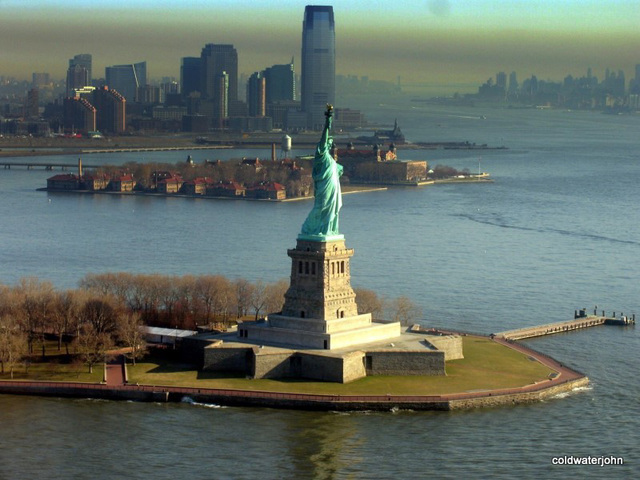 Statue of Liberty at dawn in March - aerial