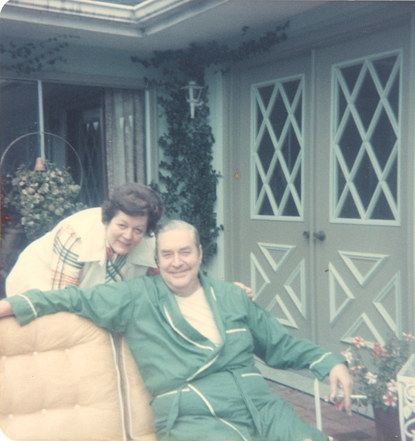 Dad and sister, Doris, on the patio in Rolling Meadows