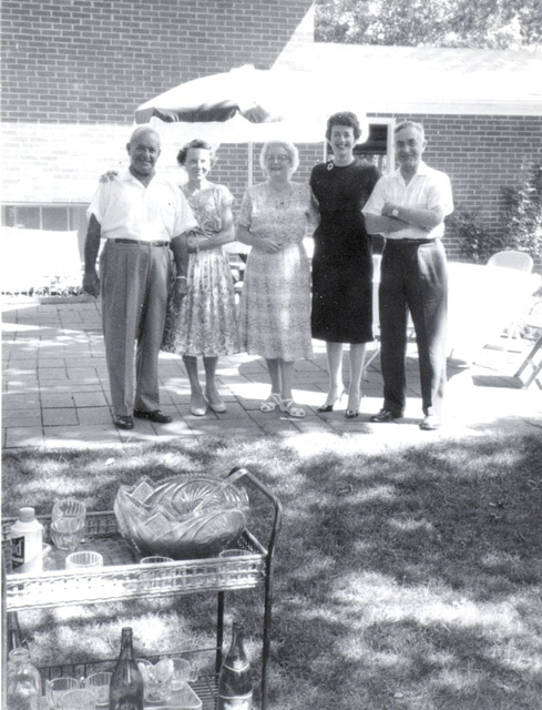 Uncle Nick, Aunt Esther, his wife; Grandma Grossenbach; Aunt Lorraine, Uncle Dick's wife; Grandpa G., our backyard in Highland Park, 1961