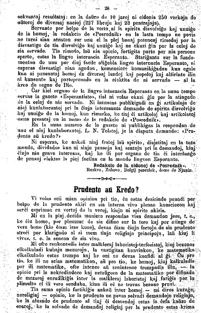 Leo Tolstoj : "Prudento aŭ kredo?" 1 —  el "La Esperantisto", februaro 1895