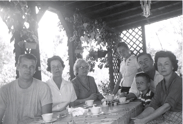 Uncle Joe Cocking, Aunt Doris, Grandma G., cousin Joanne, Cousin Jim, Dad and Mom.  Arcadia, CA, about 1959