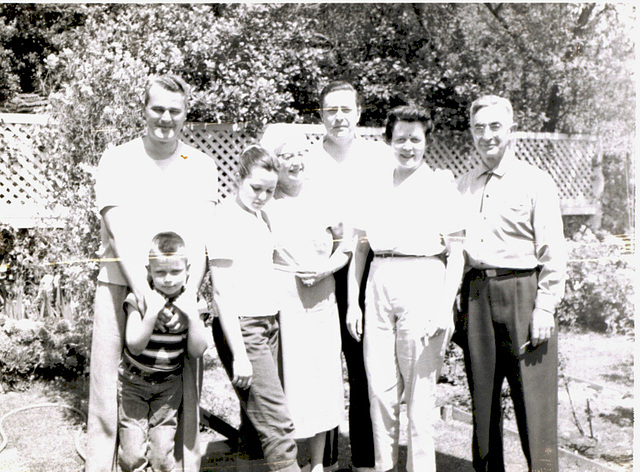 Arcadia, about 1959.  Uncle Joe, Jimmy, Joanne, Grandma, Dad, Doris and Grandpa Rudy