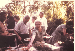 Grandma practicing her "boarding house reach".  Left to right: Uncle Harry, John Kestner, Aunt Helen, Grandpa Rudy, Aunt Jeannet, Grandma, Uncle Pete, Aunt Kate.  Aug., 1961