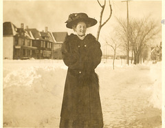 My paternal grandmother c. 1910-1913, in the snow in Milwaukee, Wisconsin