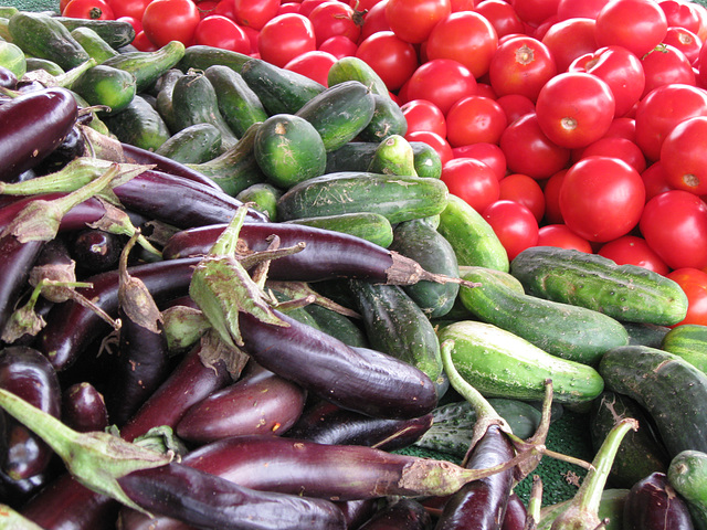 Eggplant, Cucumber, Tomato