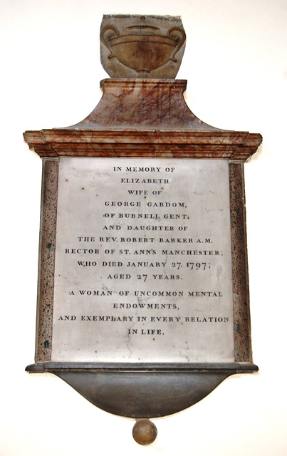 Memorial to Elizabeth Gardom, 'A Women of Uncommon Mental Endowments', Baslow Church, Derbyshire