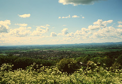 Cleeve Hill, Gloucestershire, looking towards the Malvern Hills, Worcestershire, England.