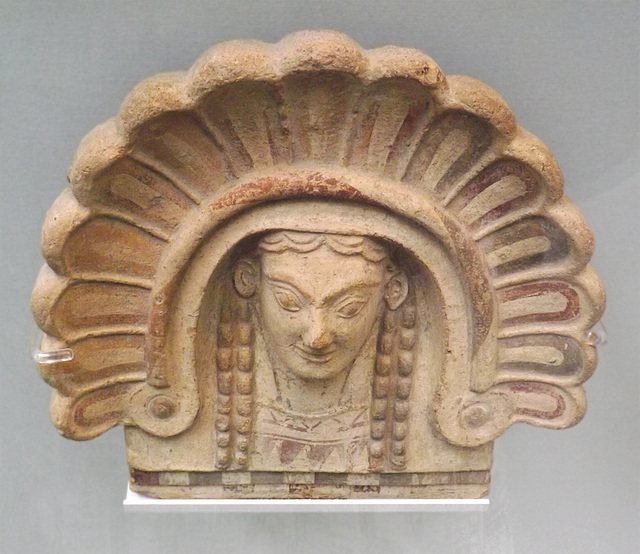 Painted Terracotta Antefix with a Female Head in a Shell-like Frame in the British Museum, May 2014