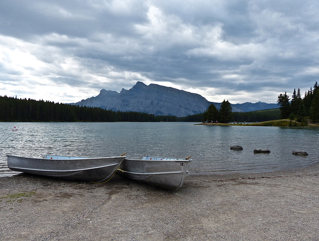 Rain clouds over Two Jack Lake, near Banff