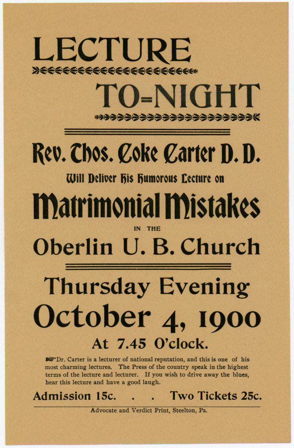 Matrimonial Mistakes Lecture, Oberlin, Pa., Oct. 4, 1900