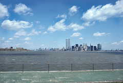 Ellis Island, World Trade Towers and Brooklyn Bridge from Liberty Island