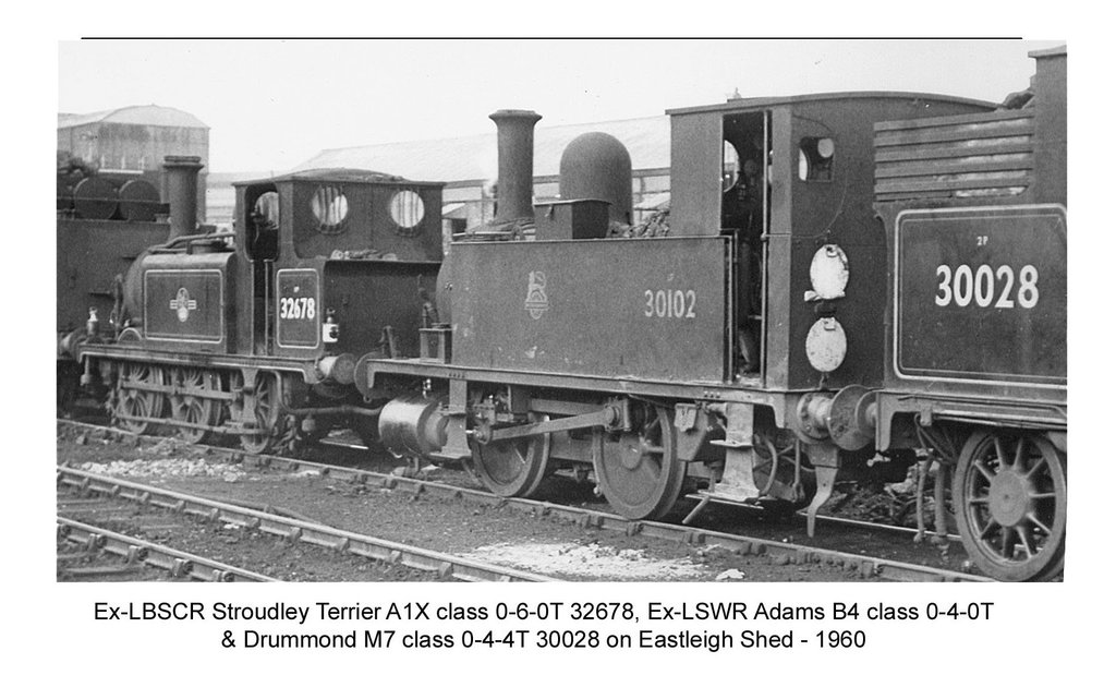 LBSCR A1X 0-6-0T 32678 LSWR B4 0-4-0T 30102 M7 0-4-4T 30028 Eastleigh Shed 1960