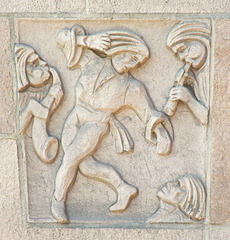 Medievalizing Relief of Musicians and Dancing on the USC Student Union, July 2008