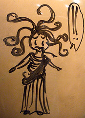 Detail of a Child's Drawing of Medusa on a Reproduction of a PanAthenaic Amphora in the Family Forum of the Getty Villa, July 2008