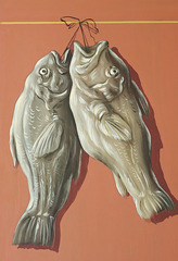 Detail of a Pair of Fish in a Roman Wall Painting Reproduction in the Large Peristyle in the Getty Villa, July 2008