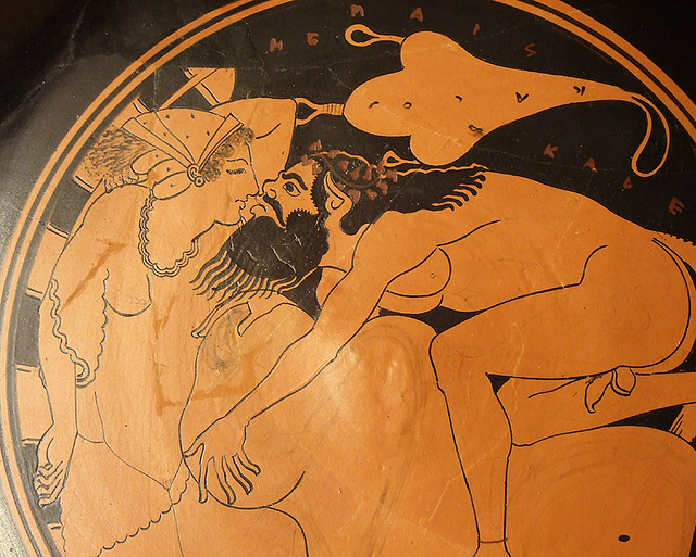 Detail of a Kylix with a Satyr and a Nymph Attributed to Onesimos in the Getty Villa, July 2008