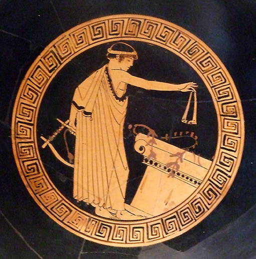 Detail of a Kylix Attributed to the Brygos Painter with a Boy Making a Dedication in the Getty Villa, July 2008