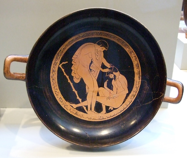Kylix Attributed to Onesimos as Painter and Euphronios as Potter with a Drunk Man Vomiting in the Getty Villa, July 2008
