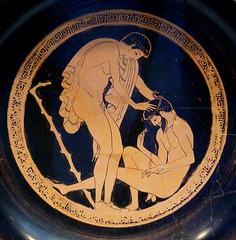 Detail of a Kylix Attributed to Onesimos as Painter and Euphronios as Potter with a Drunk Man Vomiting in the Getty Villa, July 2008