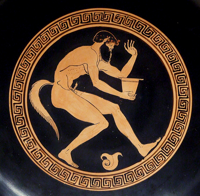 Detail of a Kylix with a Crouching Satyr Attributed to Makron in the Getty Villa, July 2008