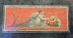 Detail of a Roman Wall Painting Fragment with a Woman and a Leopard in the Getty Villa, July 2008