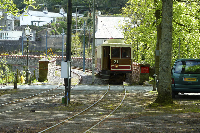 Isle of Man 2013 – Tram № 21 of the Manx Electric Railway arriving at Laxey