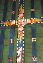 Detail of Gerald Horsley decorative scheme to roof of north aisle, All Saints Church, Leek, Staffordshire