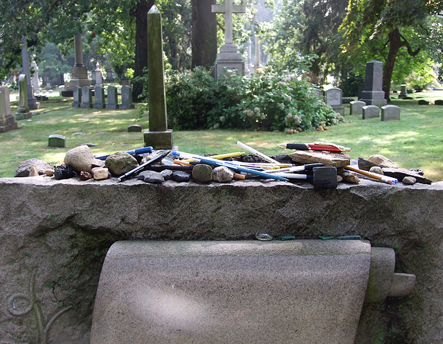 Detail of the Pens Left as Offerings on Herman Melville's Grave in Woodlawn Cemetery, August 2008