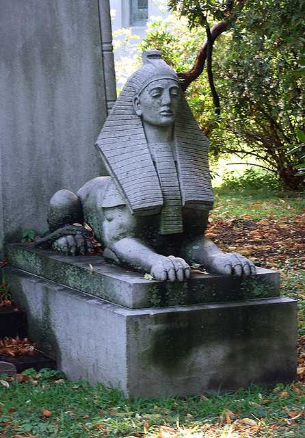 Detail of a Sphinx before an Egyptian-Inspired Mausoleum in Woodlawn Cemetery, August 2008