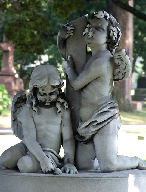 Detail of a Funerary Monument with a Sculpture of Two Angels under a Canopy in Woodlawn Cemetery, August 2008