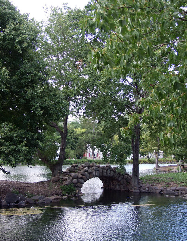 Stone Bridge over the Pond and Tree in Heckscher Park, September 2010